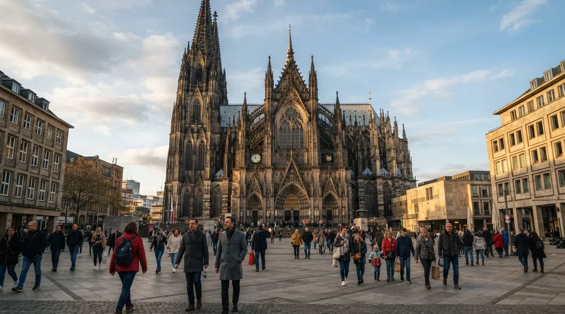 Die beiden gotischen Türme des Kölner Doms ragen im späten Nachmittagslicht über den Roncalliplatz, Passanten überqueren den Platz unten