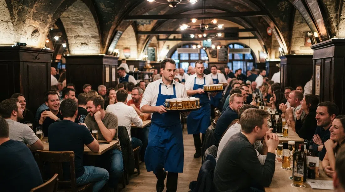 Die gewölbten Säle des Früh am Dom, gefüllt mit Köbes, die Tablette mit Kölsch-Stangen tragen, warmes Messing und Holz unter dem geschäftigen Treiben am Dom