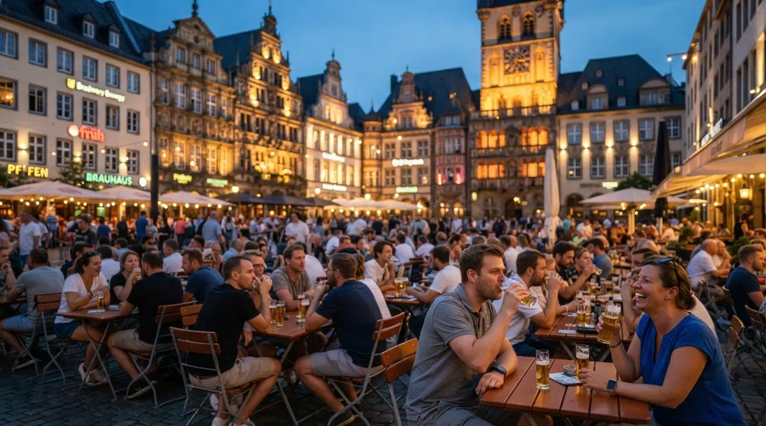Der Alter Markt an einem warmen Sommerabend, Tische fließen auf den Platz unter alten Fassaden, Brauhausschilder leuchten, und Menschen trinken Kölsch im Freien