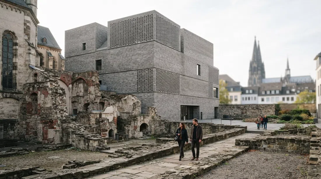 Kolumbas graue Backsteinfassade, die aus den Ruinen von St. Kolumba emporwächst, mit der zurückhaltenden Fassade und den archäologischen Schichten im sanften Tageslicht