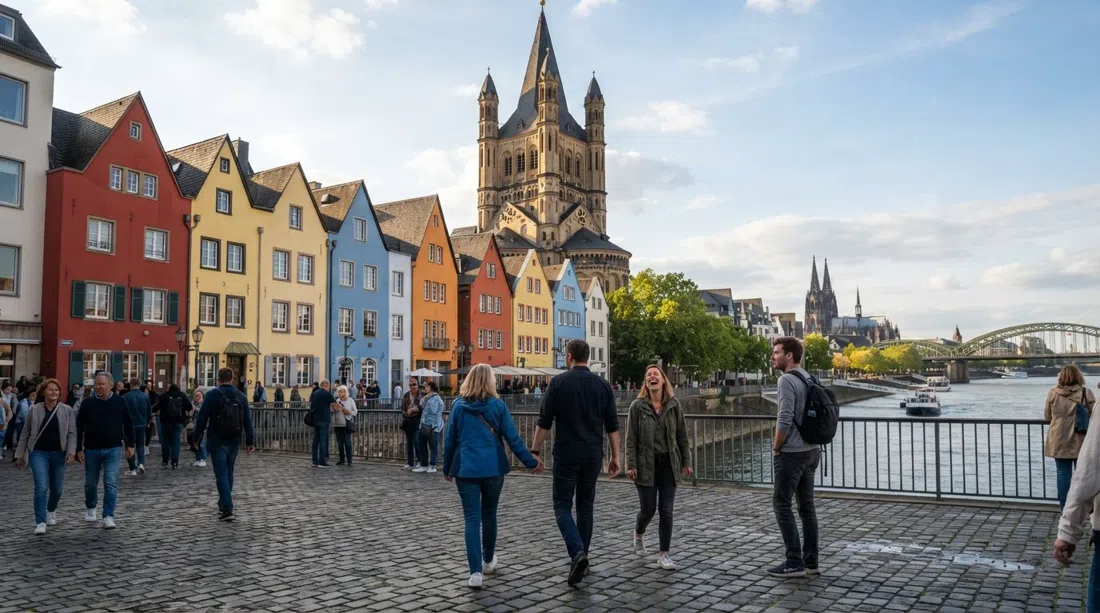 Der Fischmarkt mit bunt bemalten Giebelhäusern unter Groß St. Martins vierflügeligem romanischem Turm, Flusslicht spiegelt sich auf den Fassaden
