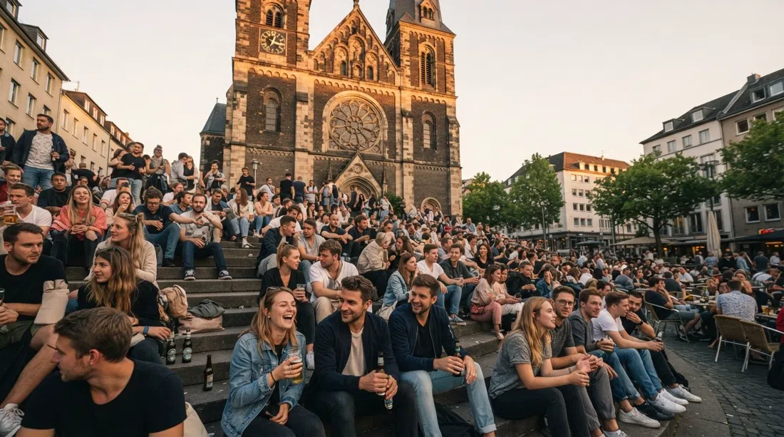 Brüsseler Platz en Colonia a la hora dorada, gente sentada en los escalones de la iglesia de San Miguel con bebidas mientras la plaza se llena