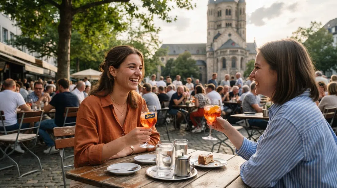 Rosa en Brüsseler Platz en Colonia, mesas de café con café y pastel de día y copas de aperitivo mientras la plaza se llena afuera