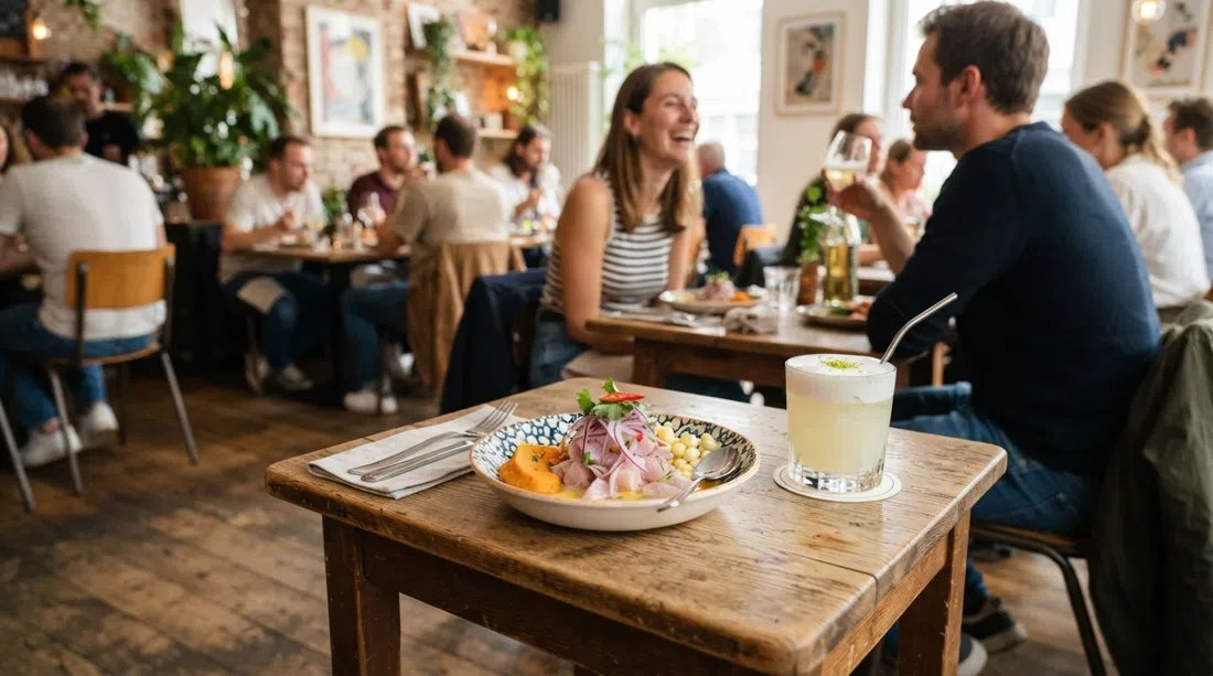 un plato de ceviche para compartir y un pisco sour en Tigermilch en Brüsseler Straße, emplatado moderno y brillante en una mesa pequeña