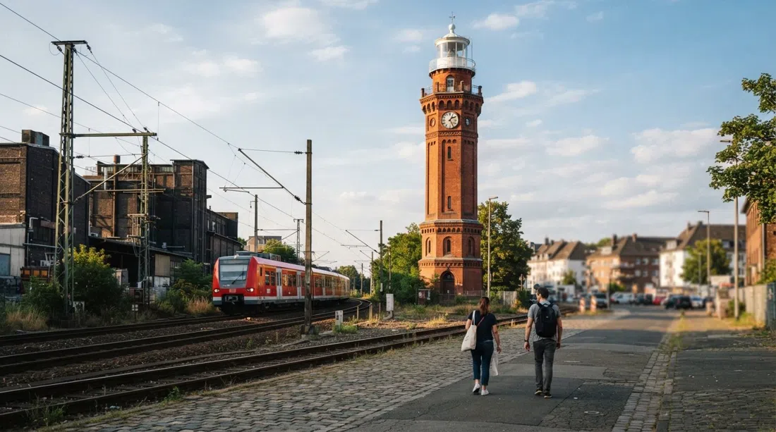 El faro de ladrillo rojo Helios-Leuchtturm en Ehrenfeld, tierra adentro junto a edificios ferroviarios e industriales bajo la luz del atardecer