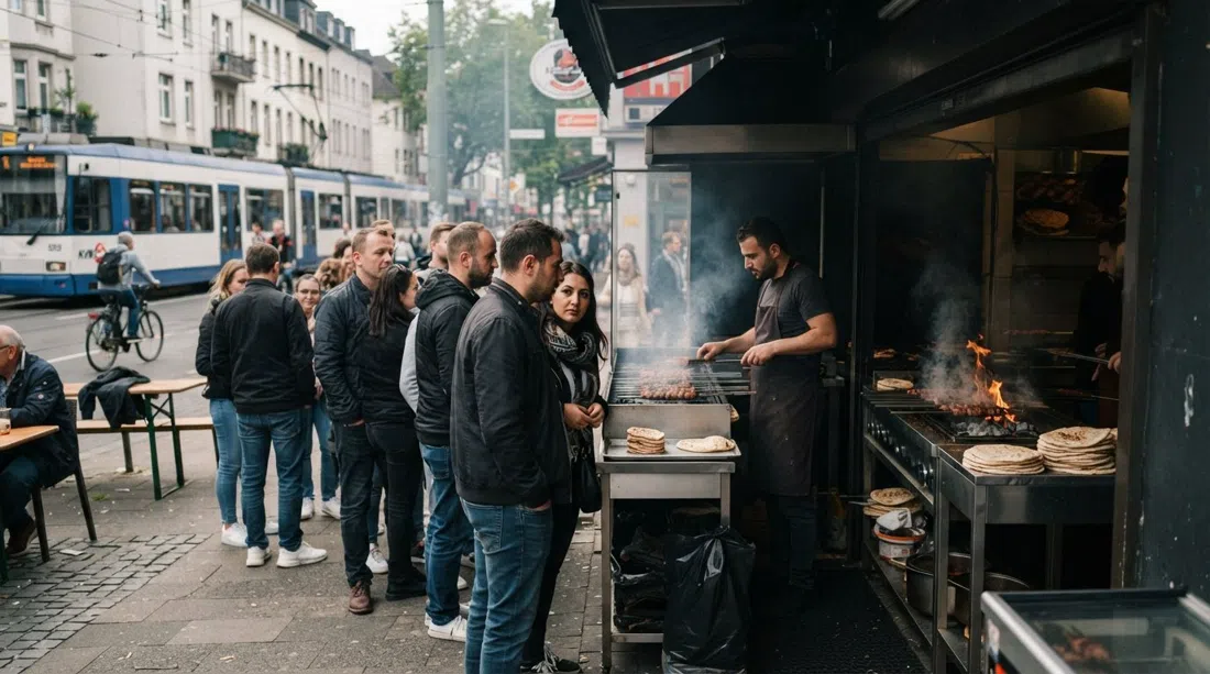 La cola fuera de Kebapland en Ehrenfeld, quiosco de carbón a la parrilla, pan plano fresco y tráfico callejero en Venloer Straße