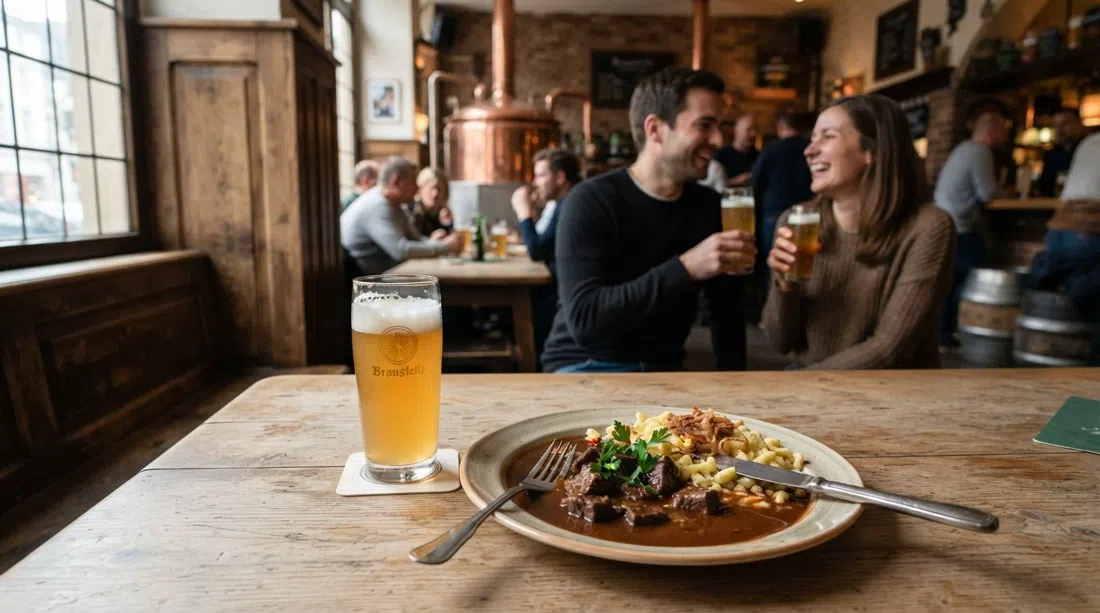 Un vaso de Helios Wiess, Kölsch turbia, y un plato de gulash de cerveza en la acogedora mesa de la sala de degustación de Braustelle