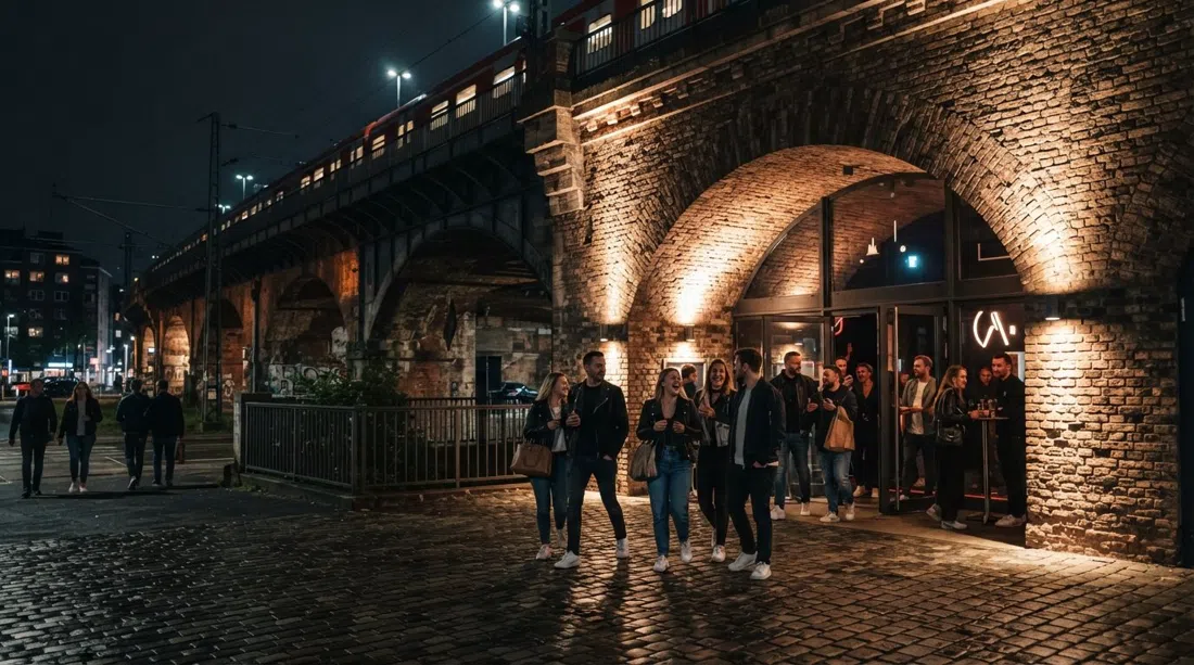 Club Bahnhof Ehrenfeld bajo los arcos del S-Bahn de noche, bóvedas de ferrocarril de ladrillo iluminadas desde abajo con gente entrando al local