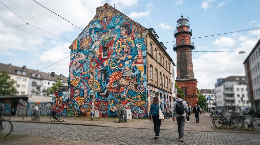 Un mural del tamaño de una pared en Heliosstraße en Ehrenfeld, arte urbano audaz que cubre un hastial junto al faro Helios