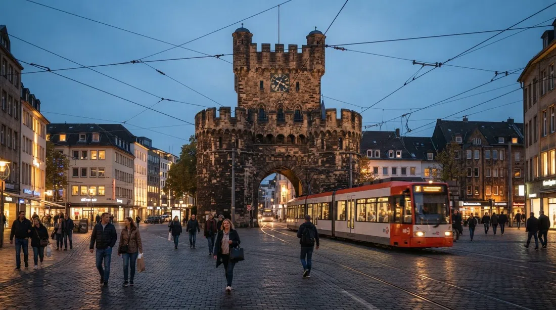 Severinstorburg elevándose sobre Chlodwigplatz al anochecer, puerta de piedra medieval enmarcada por cables de tranvía y fachadas Gründerzeit