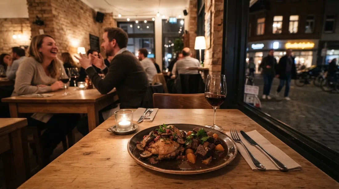 plato iluminado con velas de tapas francesas en Bagatelle Südstadt, con coq au vin y beef bourguignon en Teutoburger Straße