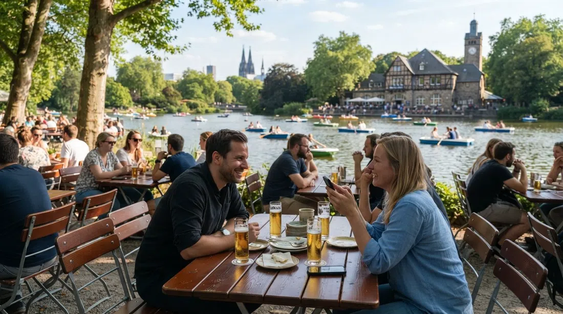 jardín de cerveza Hellers Volksgarten junto al estanque del parque Volksgarten, vasos de Kölsch en mesas de madera y botes de pedales en el agua