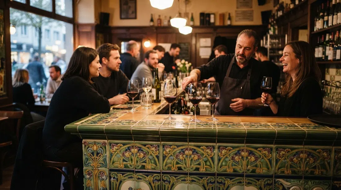 el mostrador de azulejos Art Nouveau de Keimaks en Kurfürstenstraße, copas de vino captando la cálida luz del bar