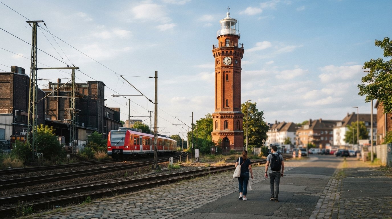 the Helios-Leuchtturm red-brick lighthouse in Ehrenfeld, standing inland beside railway and industrial buildings in late-afternoon light