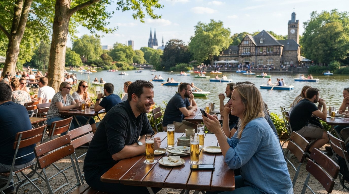 Hellers Volksgarten beer garden beside the pond in Volksgarten park, Kölsch glasses on wooden tables and paddleboats on the water