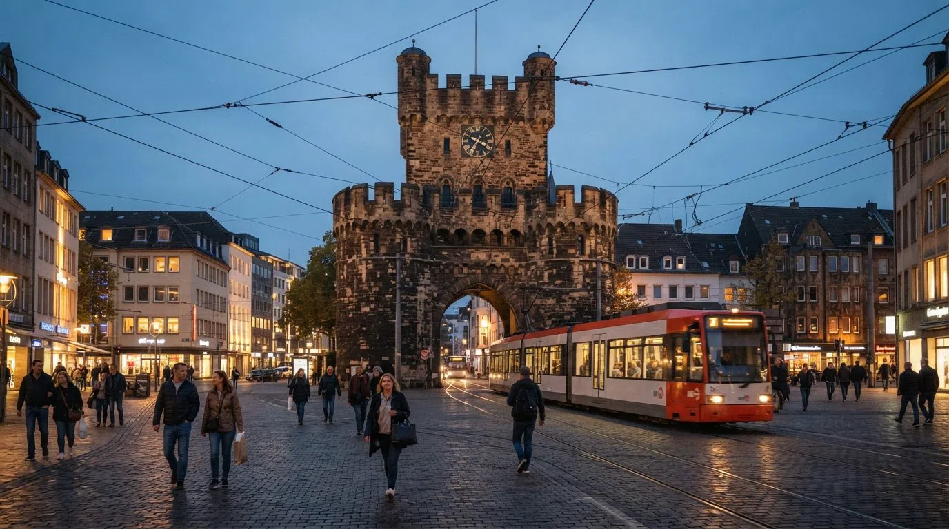 Severinstorburg reser sig över Chlodwigplatz i skymningen, medeltida stenport inramad av spårvagnsledningar och Gründerzeitfasader